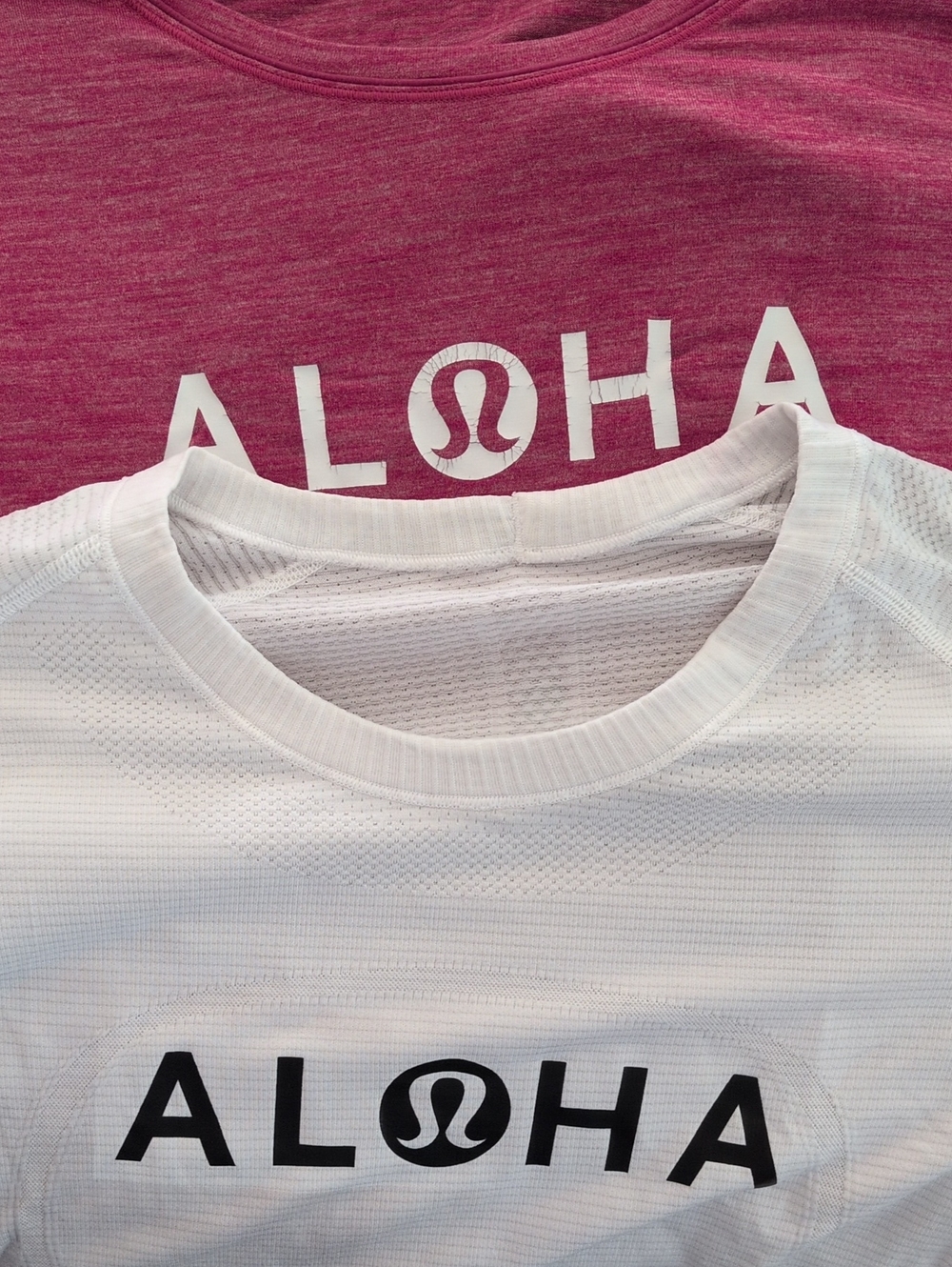 lululemon athletica Pair ALOHA Logo - Pink Short Sleeve & White Long Sleeve.